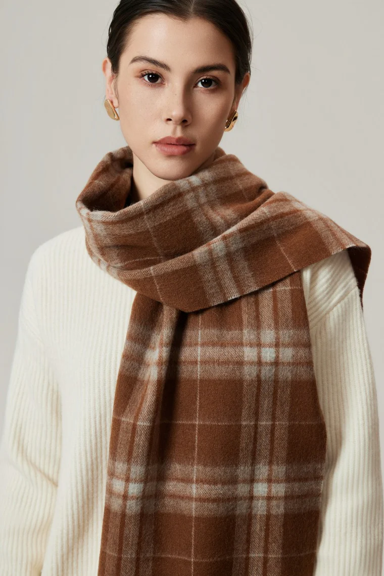 100% Wool Plaid Fringed Minimalist Scarf - Image 2