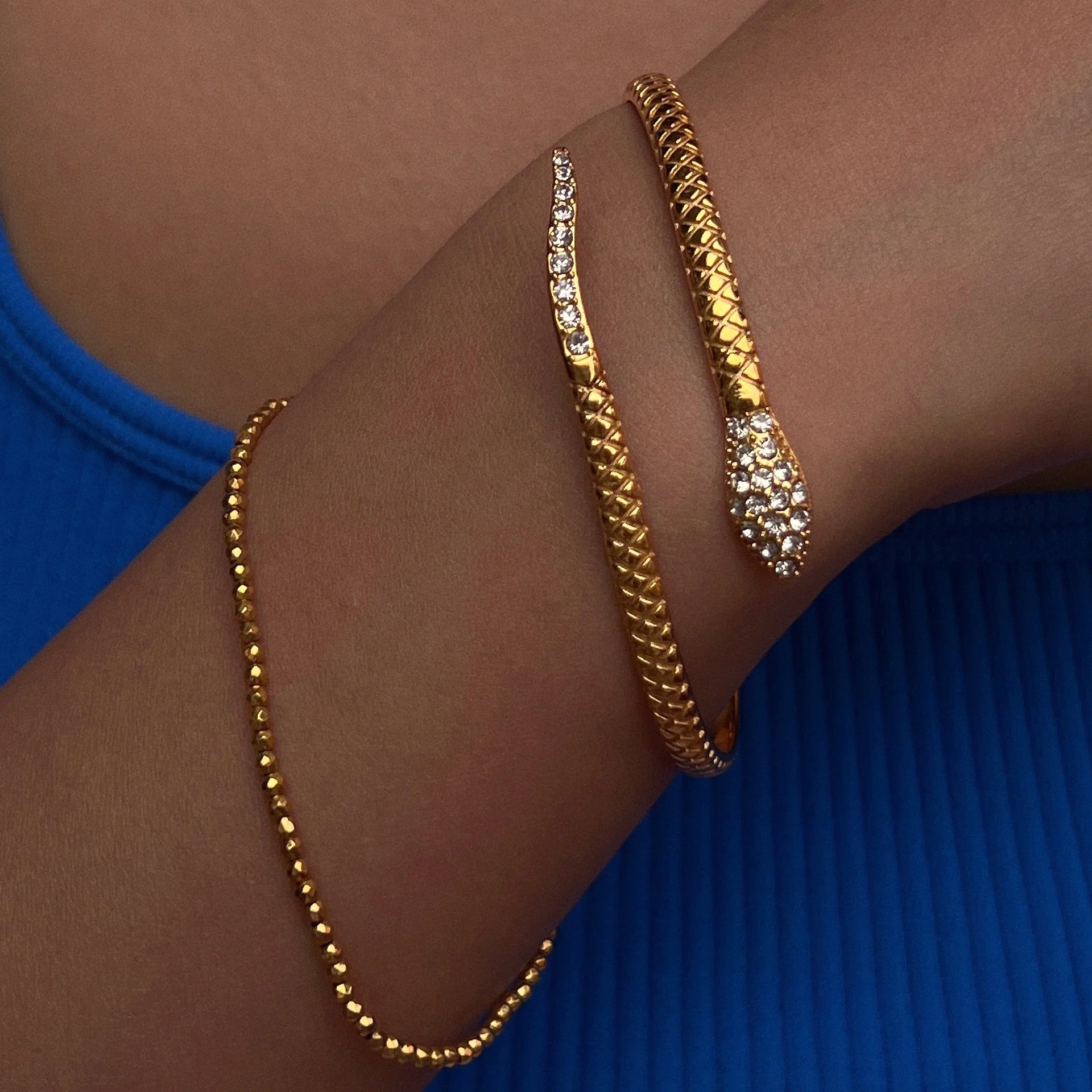 18K Plated Titanium Steel Zircon Snake Open Bracelet - Image 2