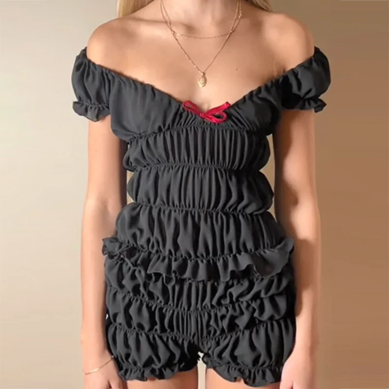 2000s Retro 2 Piece Set Cottage Lounge Vintage Ruched Off Shoulder T-shirt Crop Tops + Shorts Kawaii Pajamas Women Y2K Outfits - Image 5
