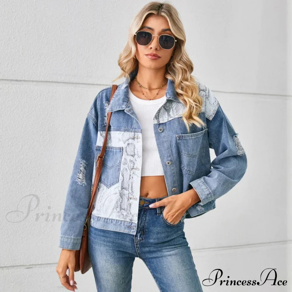 Autumn Denim Stand Collar Patchwork Slim Fit High Waist Jacket - Image 3