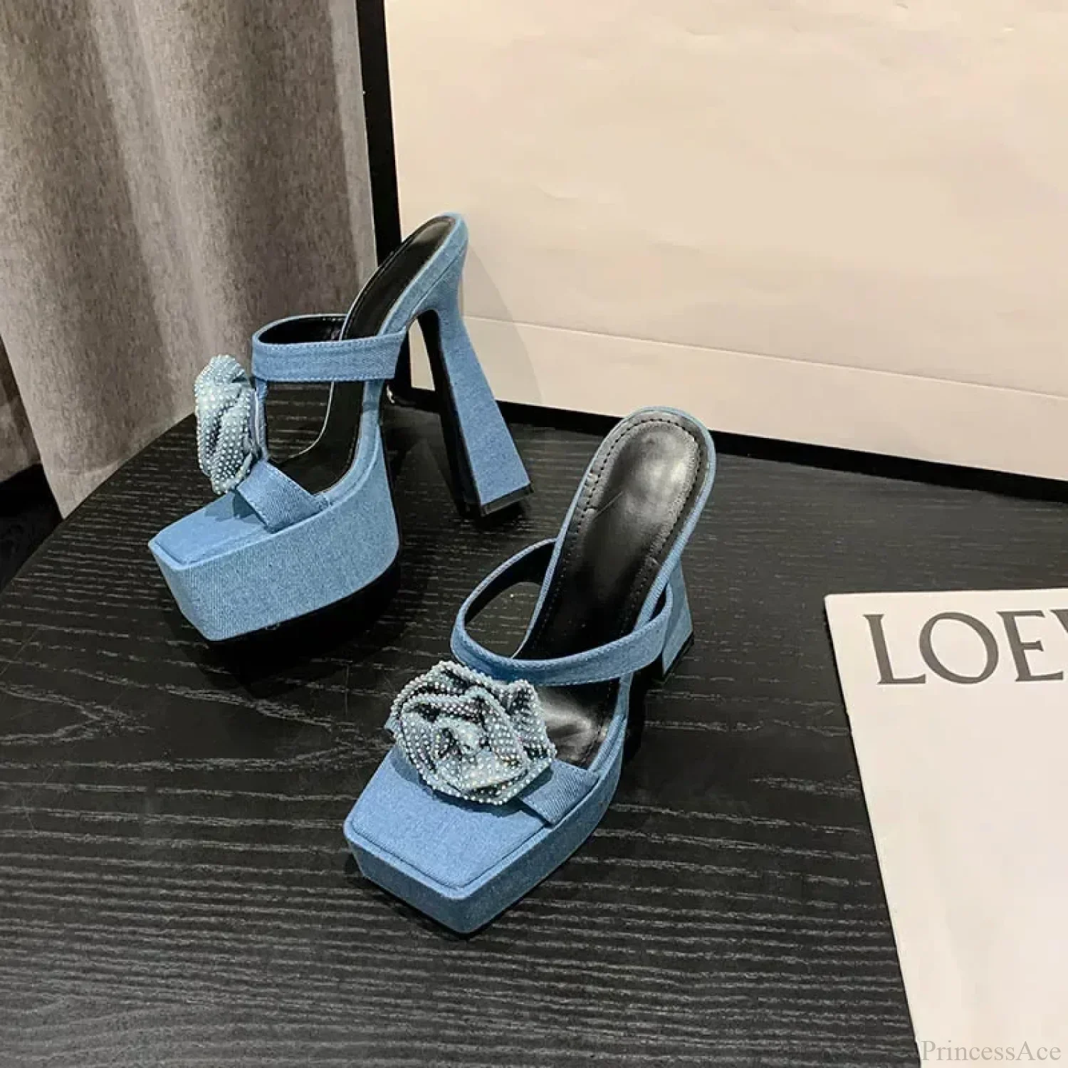 New Denim Blue Rhinestone Rose Flower Chic Peep Toe Square High Heels Gladiator High Heel - Image 3