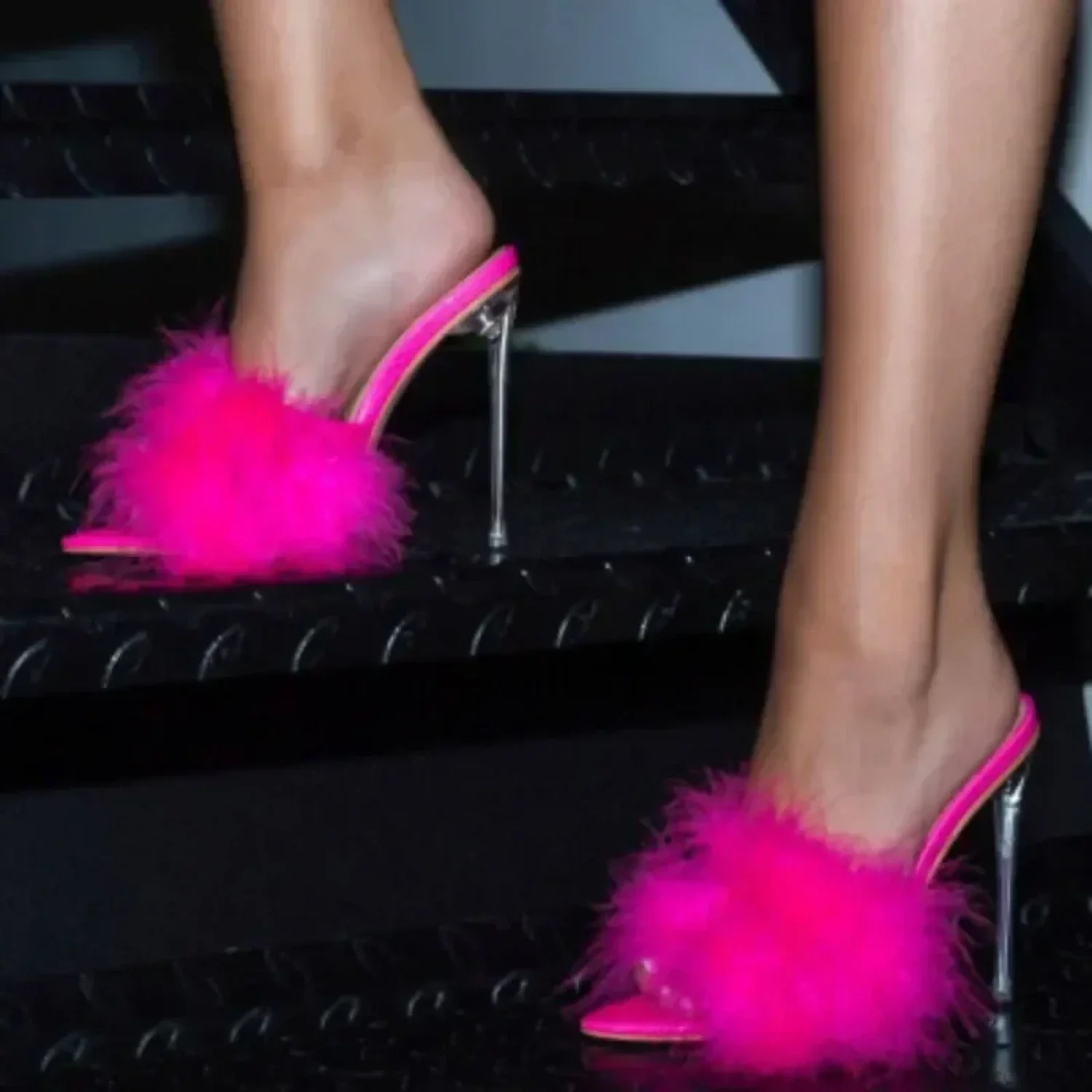New Design Rhinestone Women Pumps Slippers Sexy Pointed Toe Baotou Transparent Pvc Thin High Heel - Image 4