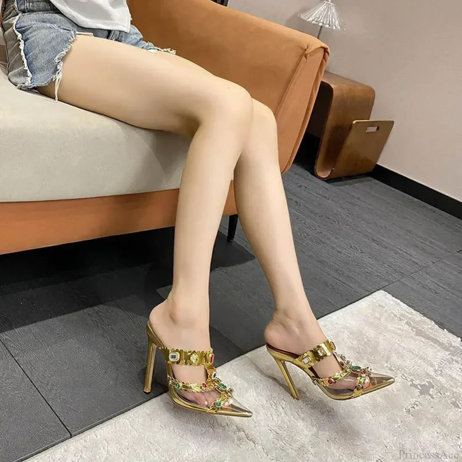 New Design Rhinestone Women Pumps Slippers Sexy Pointed Toe Baotou Transparent Pvc Thin High Heel - Image 7