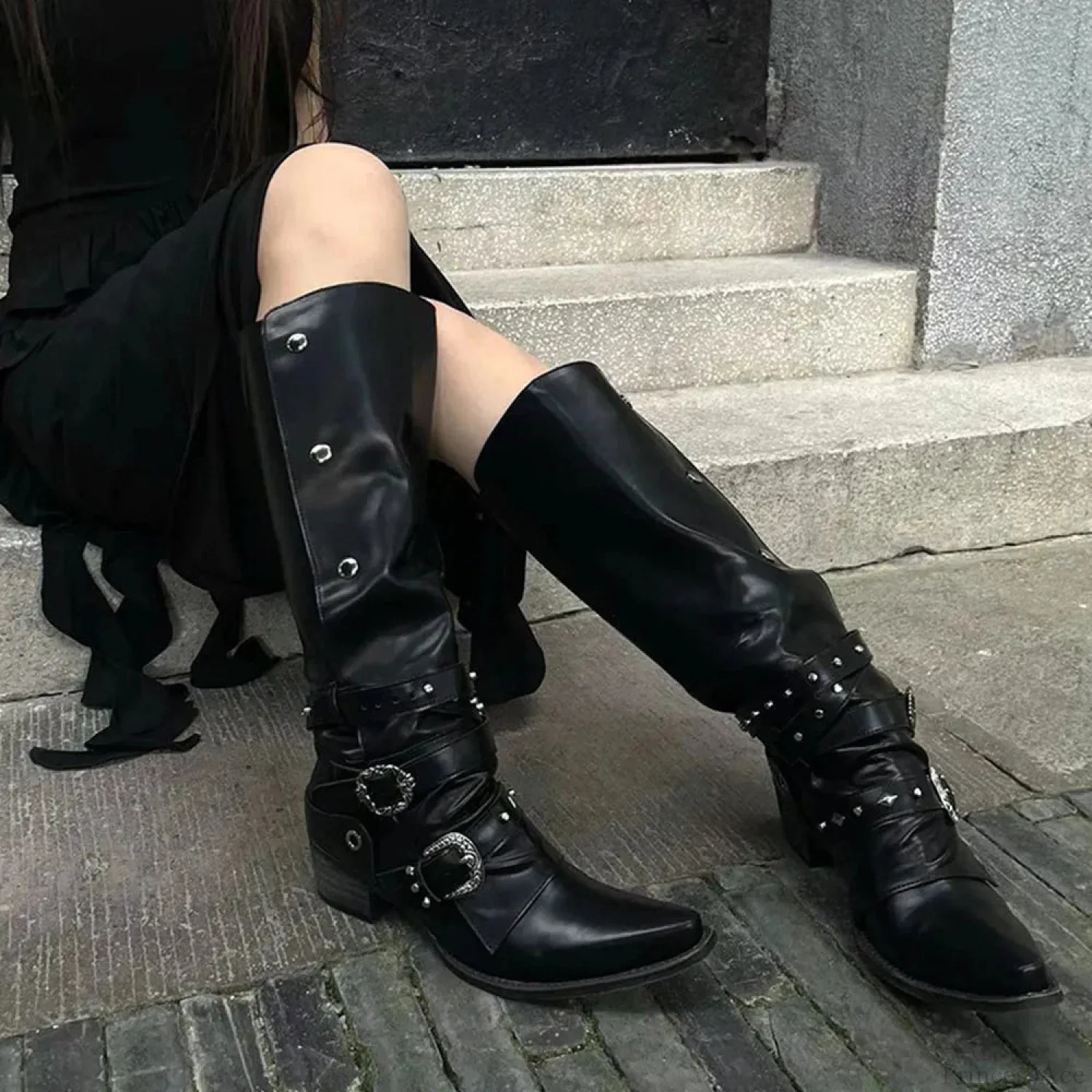 Punk Rivet Tall Chunky Gothic Boot - Image 6
