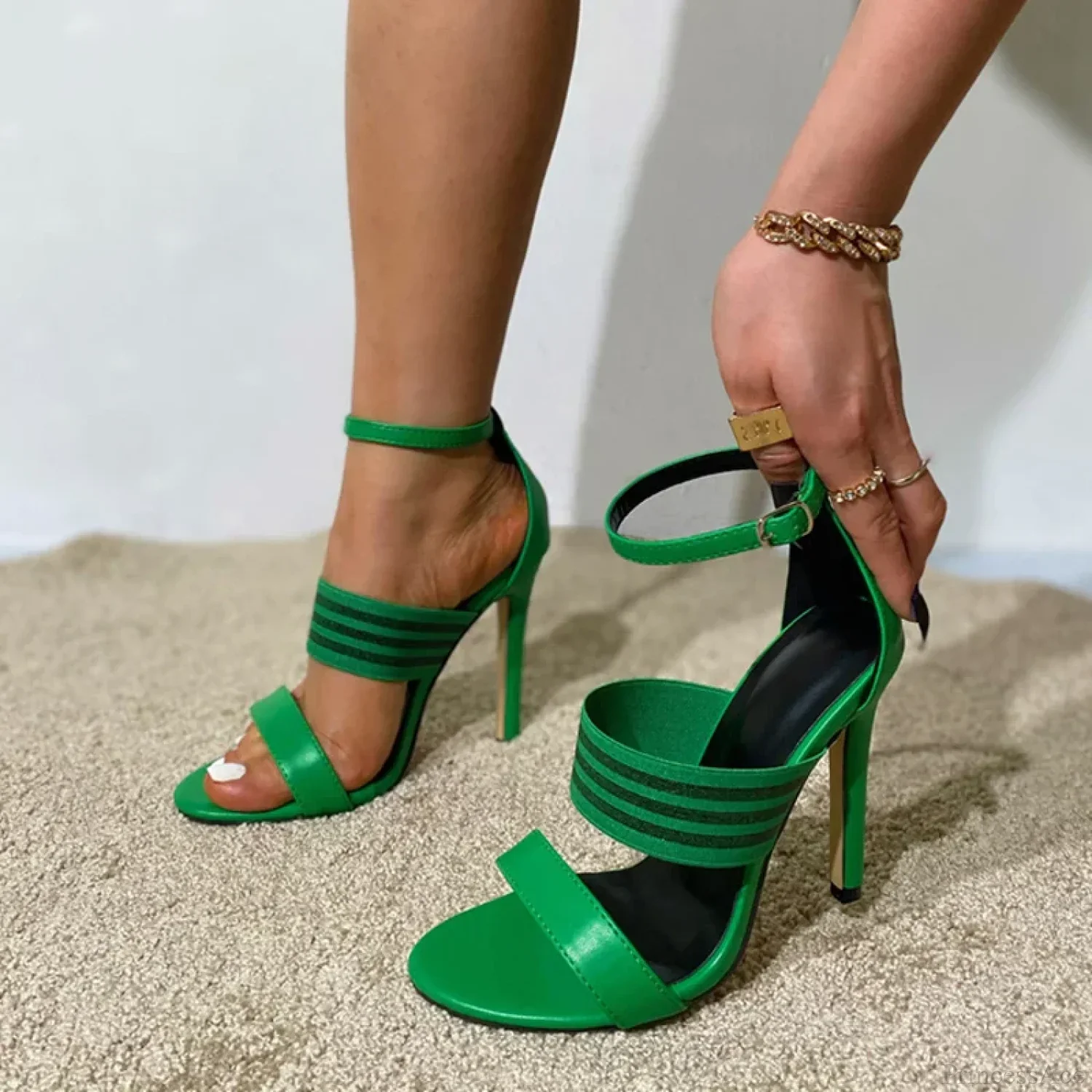 2024Fashion Mixed-Color Narrow-Band Sandals Open-Toe Buckle-Strap Gladiator High-Heels Summer Party Dress High Heel - Image 7