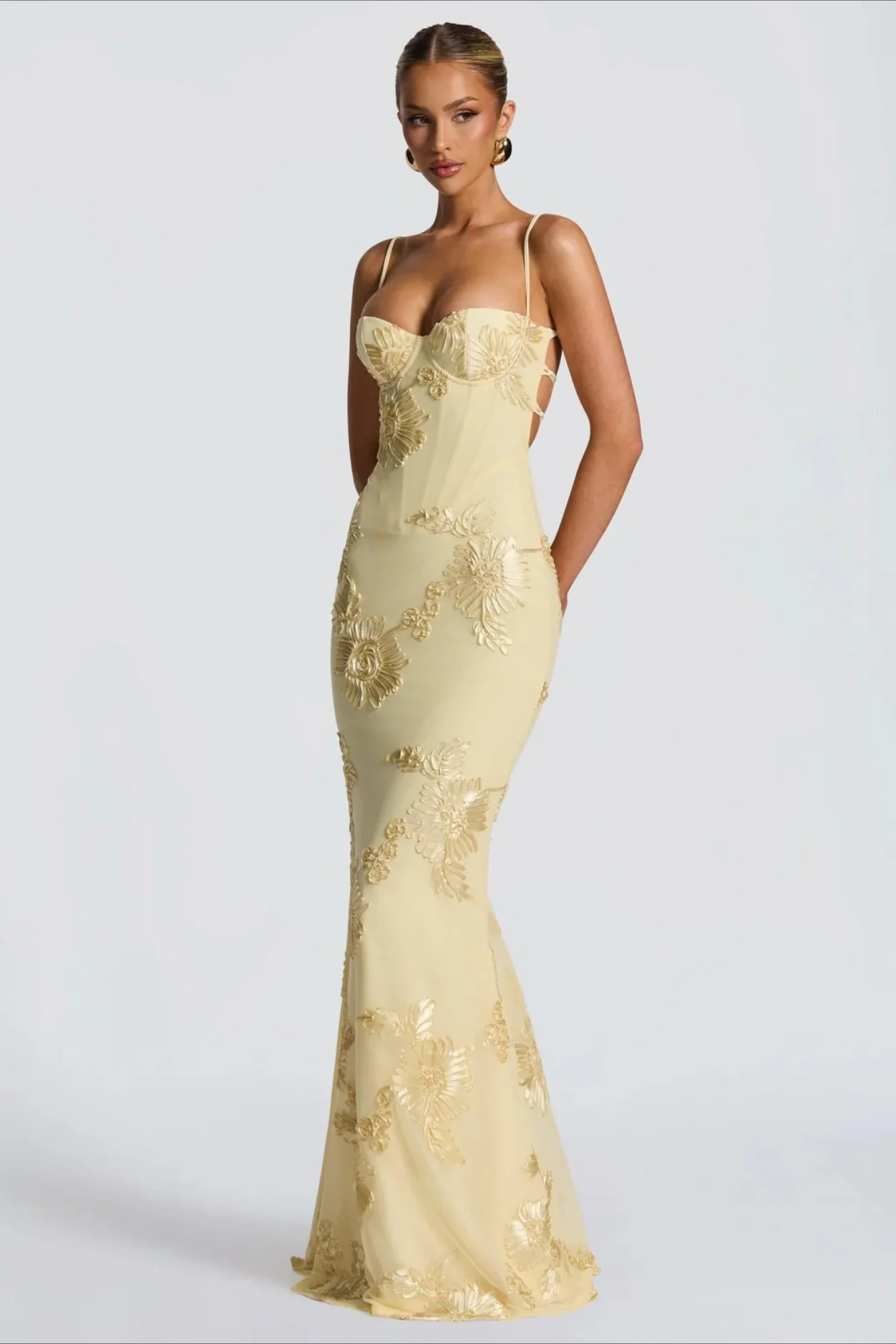 3D Applique Bone Pad Tie Back Solid Prom Dress - Image 7