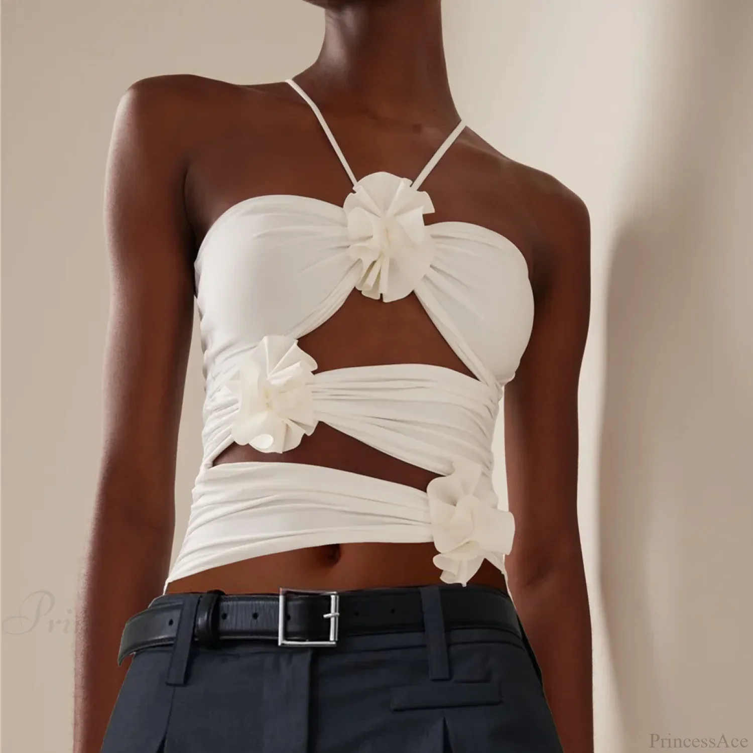 3D Floral Strap Halter Bodycon Crop Top