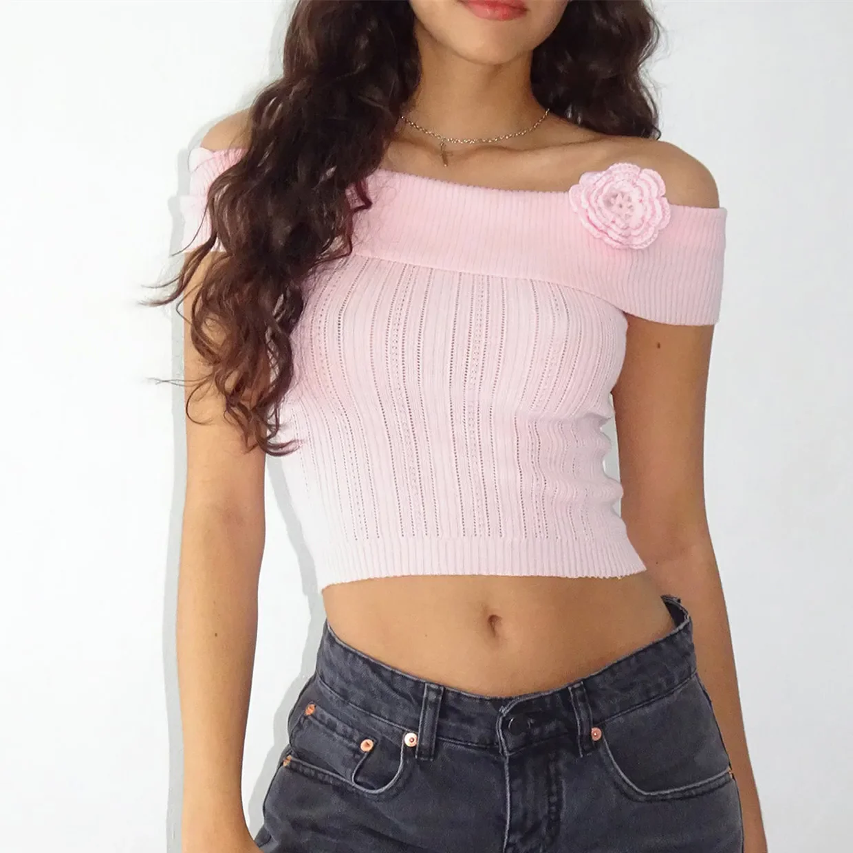 3D Flower Boat Neck Crop Top - Image 2