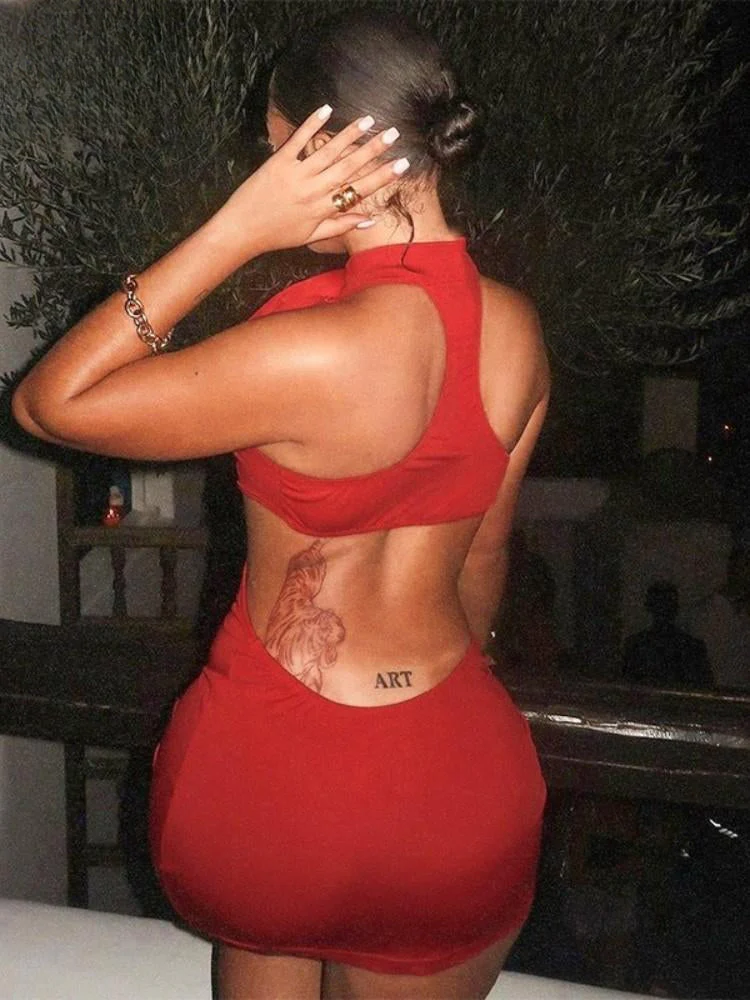 3D Flower Decoration Red Vacation Dresses Sexy Hollow Backless Bodycon Party Dress - Image 2
