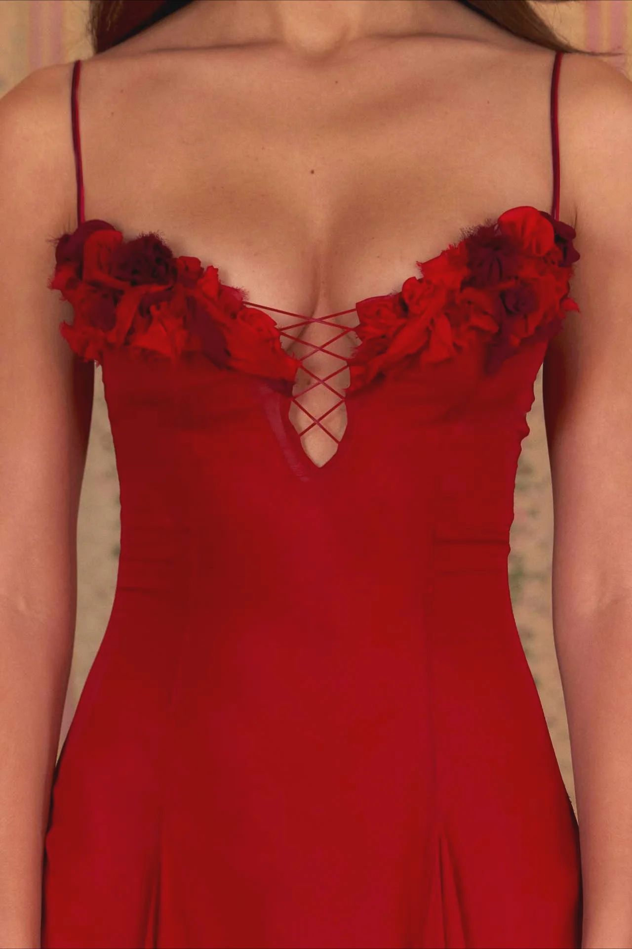 3D Flower Deep V Patchwork Spaghetti Strap Romantic Midi Dress - Image 11