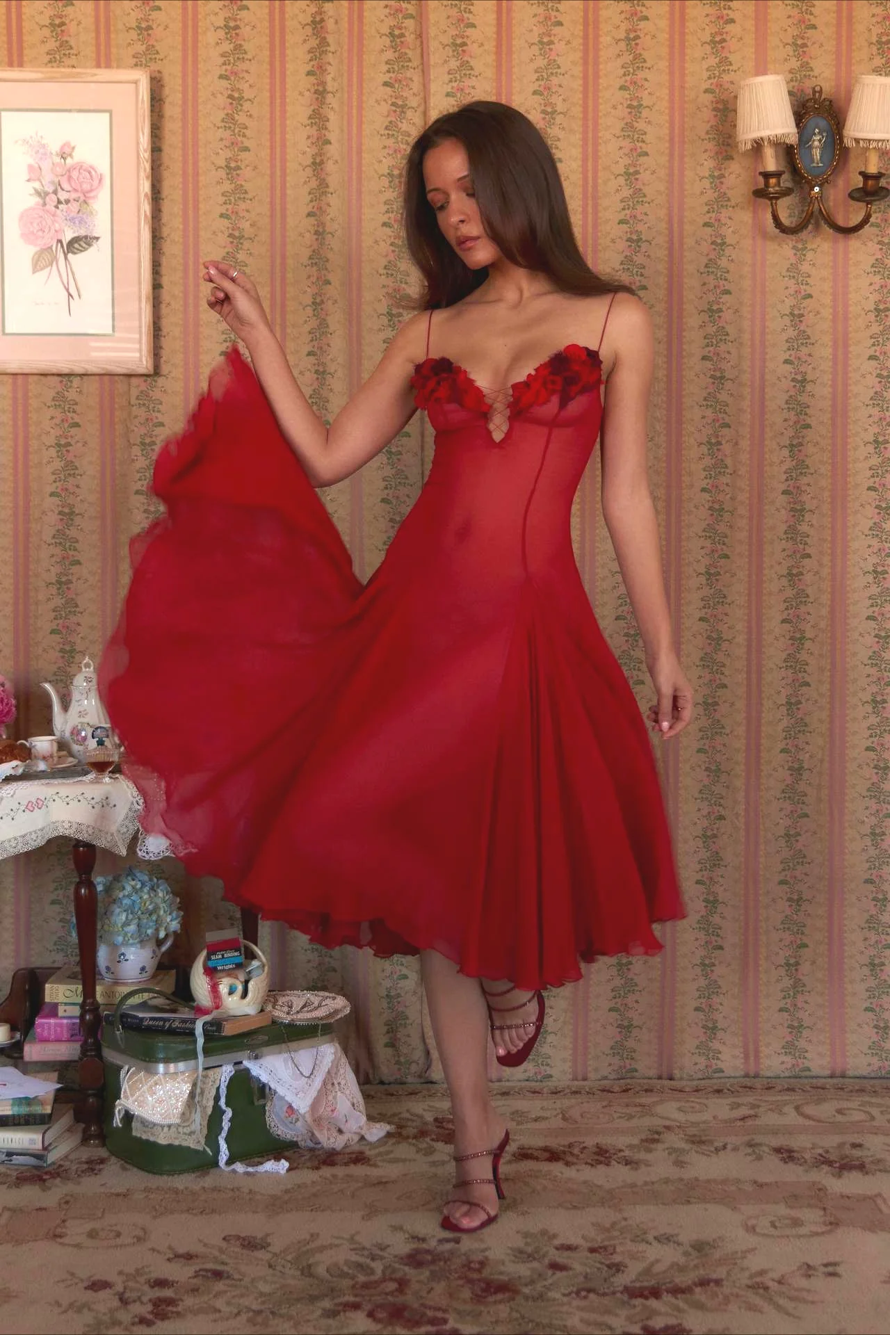 3D Flower Deep V Patchwork Spaghetti Strap Romantic Midi Dress - Image 7
