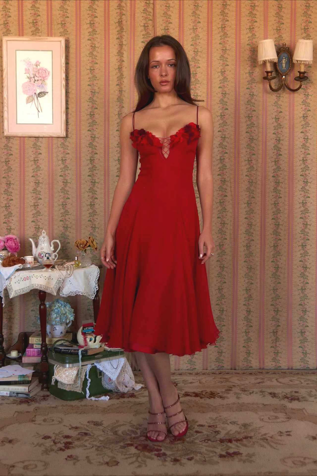 3D Flower Deep V Patchwork Spaghetti Strap Romantic Midi Dress - Image 9
