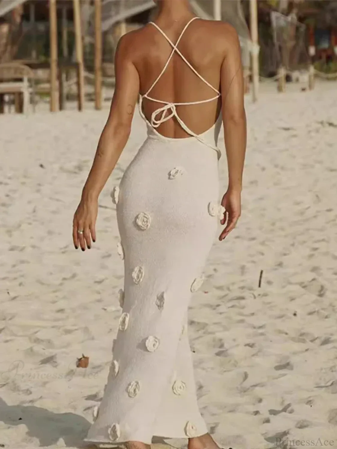 3D Flower V-neck Backless Lace-Up Maxi Floral Dress - Image 6
