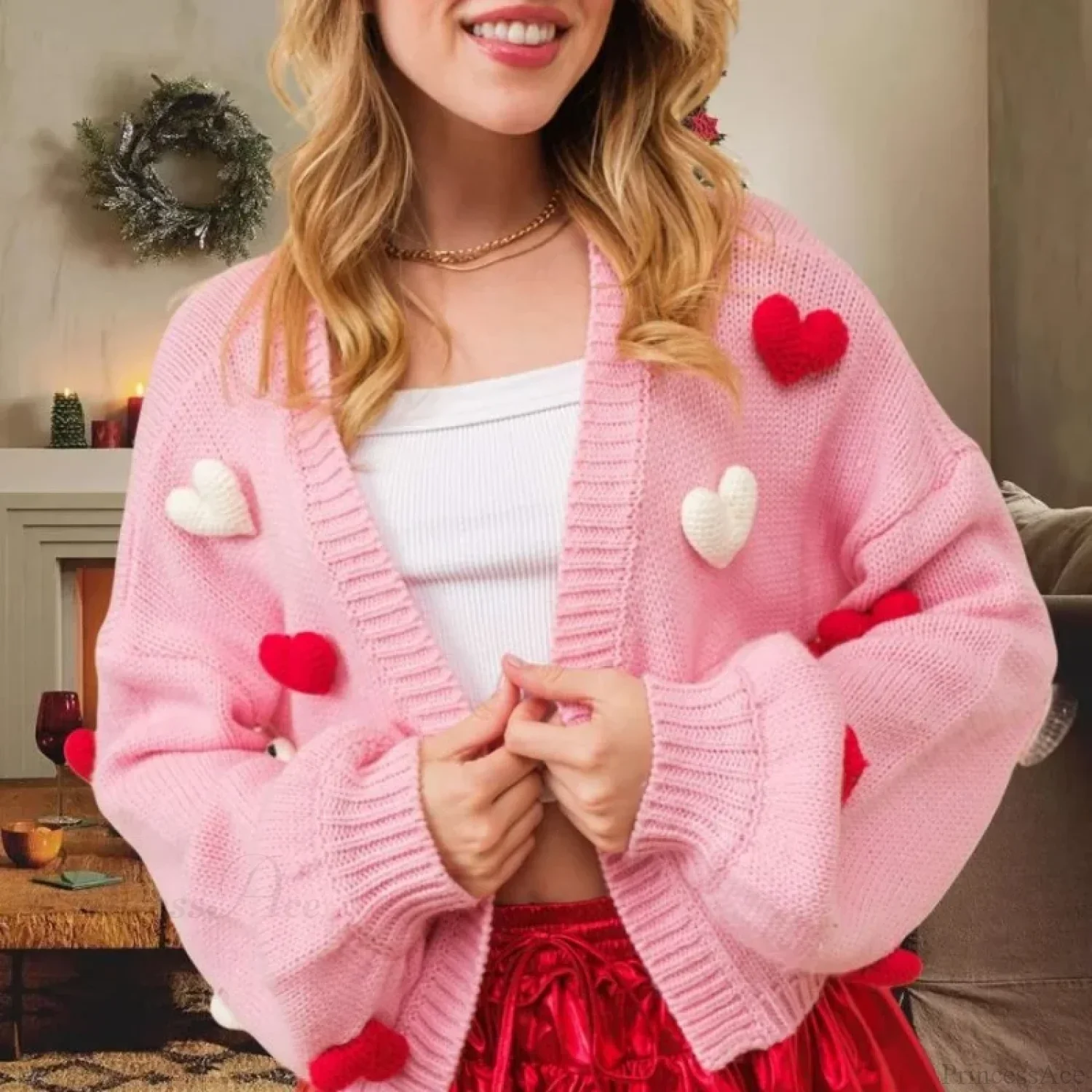 3D Heart Print Single Breasted Knit Cardigan - Image 3