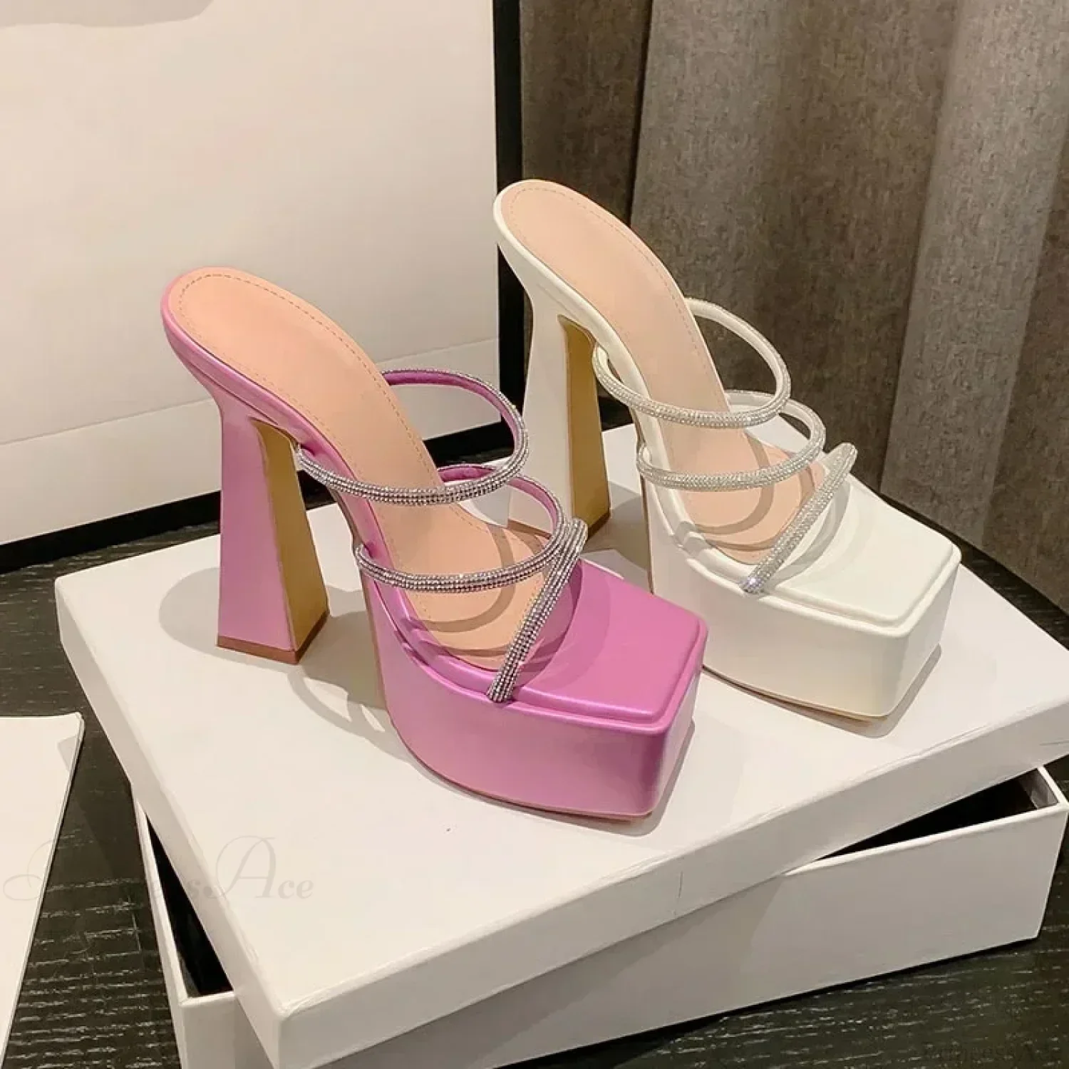 5CM Platform Sandals Hot Sexy Narrow Band Diamond Peep Toe 15CM Thick High Heel Slipper Mules High Heel - Image 6