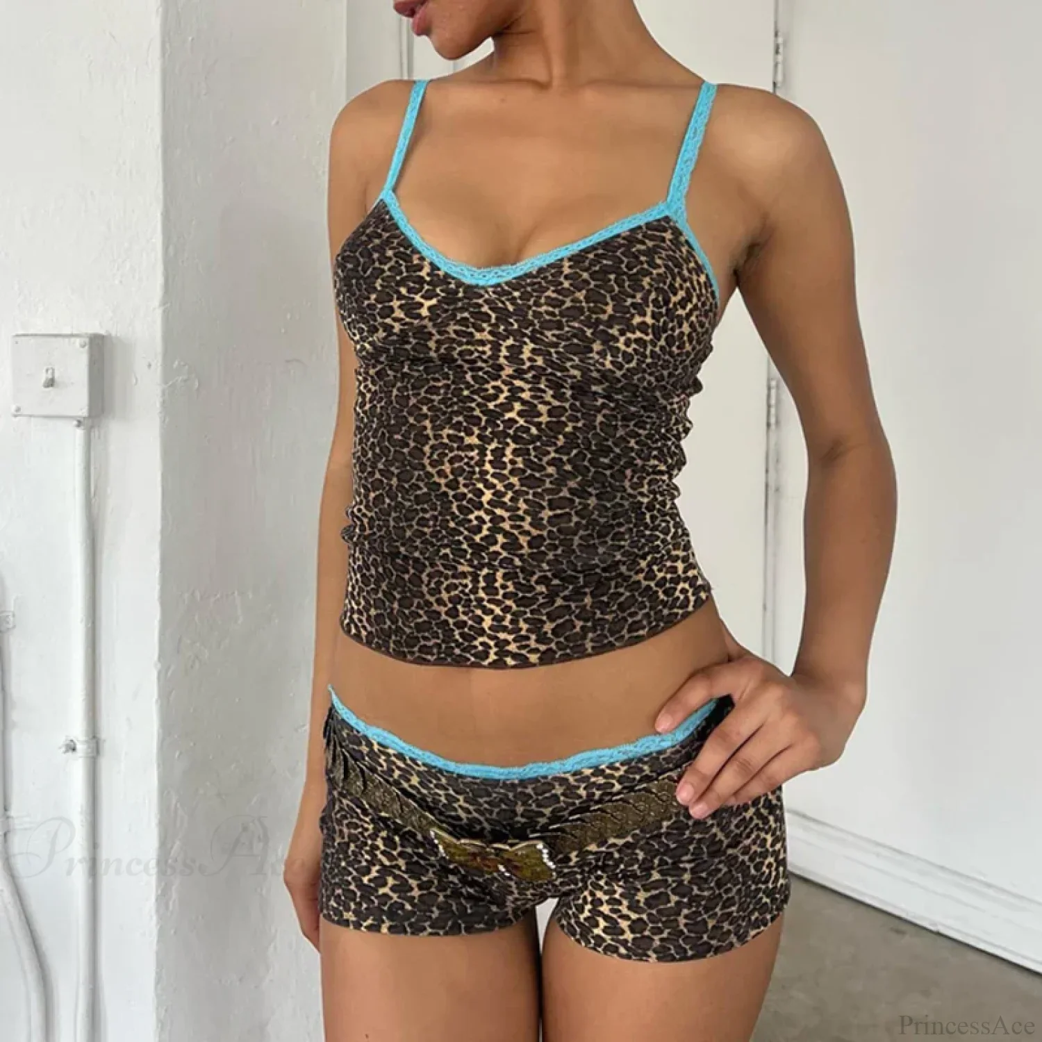 90s Rave Leopard Print 2 Piece Set Lace Trim Spaghetti Strap Camis + Shorts Y2K Vintage Crop Tops Sexy Club Party Matching Suit - Image 7