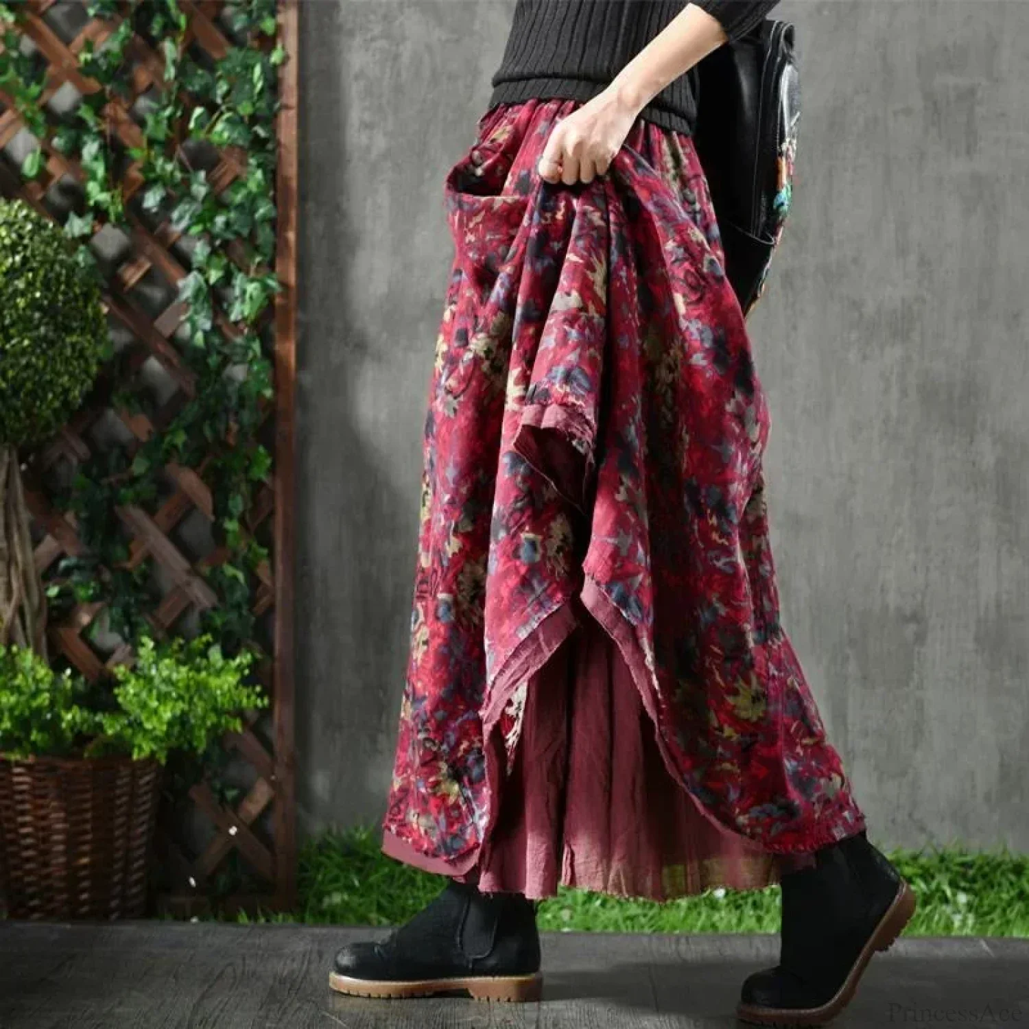 A-Line Pleated Autumn Floral Long Skirt with Pockets - Image 2