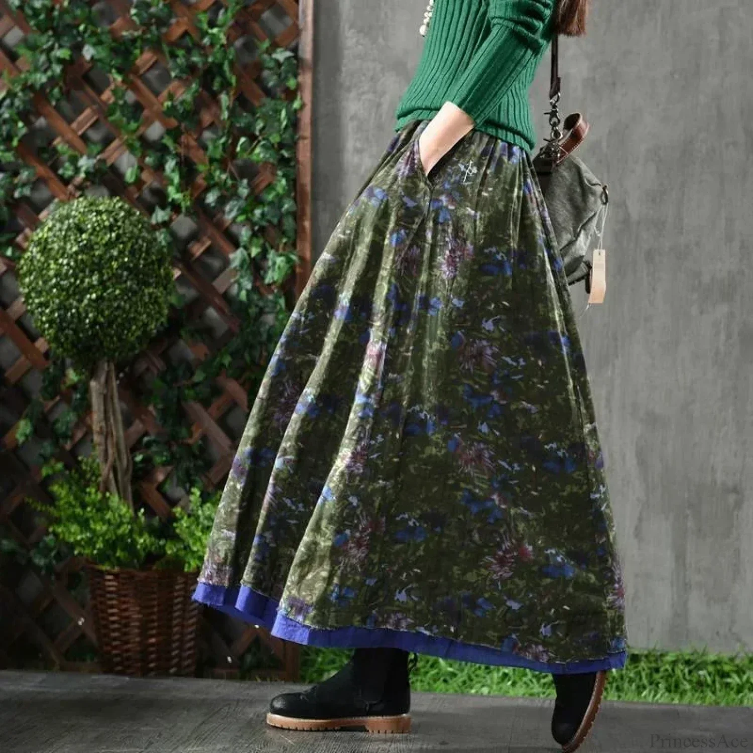 A-Line Pleated Autumn Floral Long Skirt with Pockets - Image 3