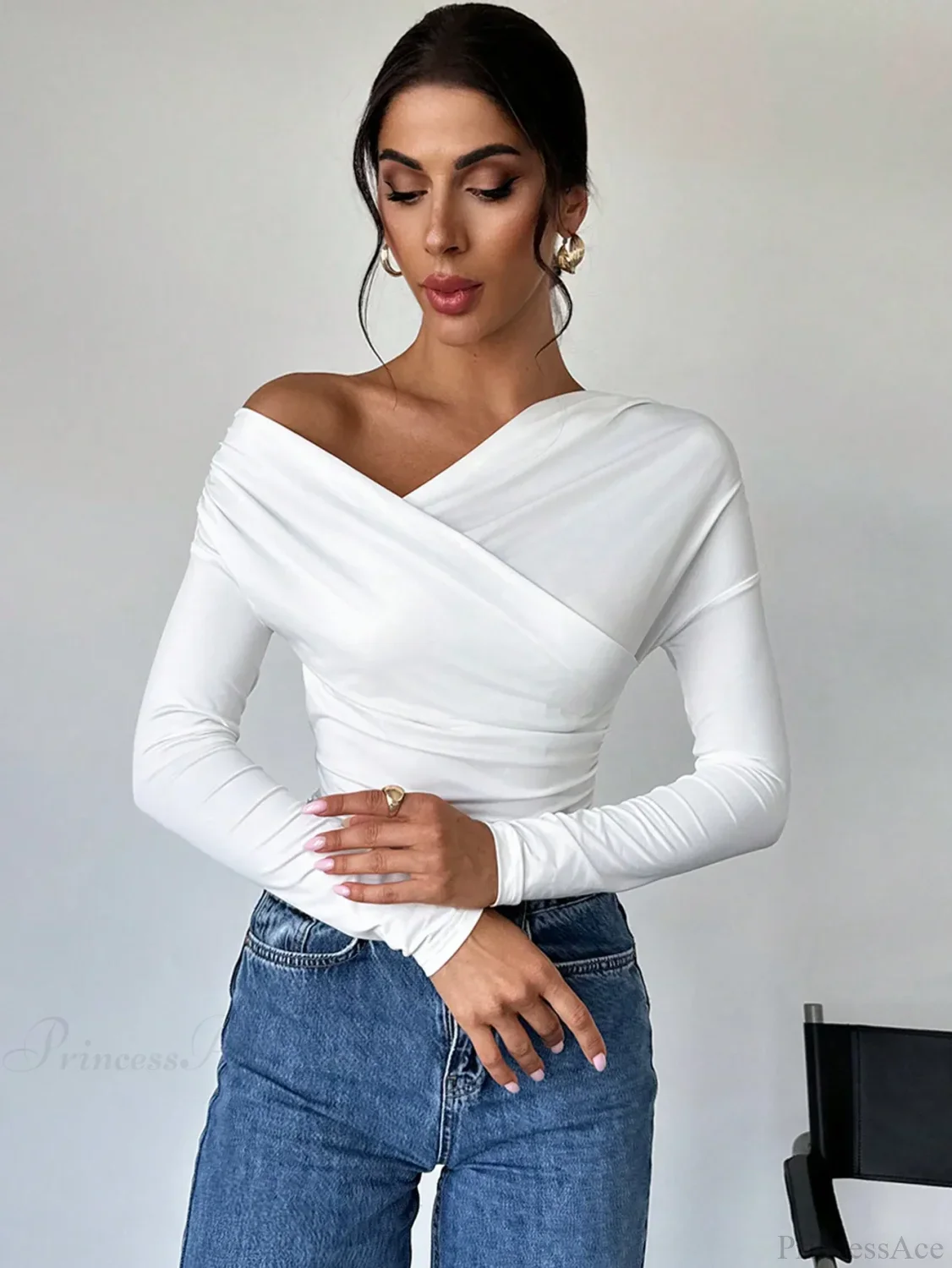 A-line Shoulder Long Sleeve Slim Knitted T-shirt Women - Image 3