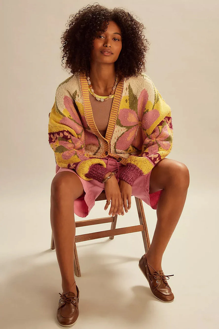 Abstract Print Lapel Long Sleeve Knit Sweater - Image 2