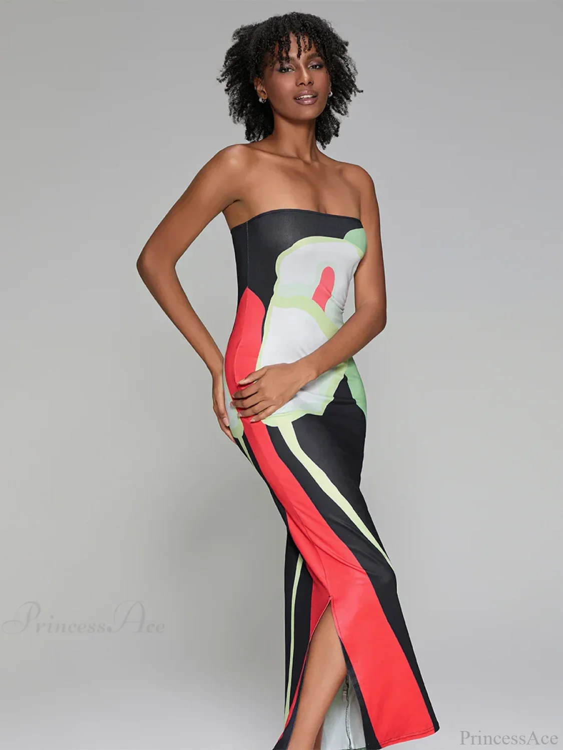 Abstract Print Strapless Side Split Floral Dress - Image 3