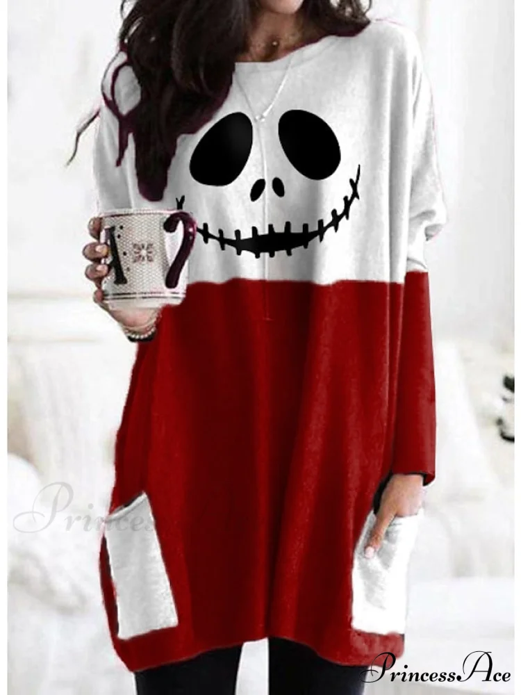 Abstract Women's Design Black Painting Shirts Round Neck Block White Halloween Long Tunic Plaid Weekend and for and Arm Color Wine in Pocket with Design - Image 10
