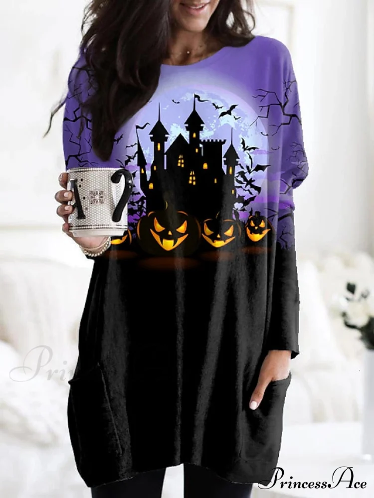 Abstract Women's Design Black Painting Shirts Round Neck Block White Halloween Long Tunic Plaid Weekend and for and Arm Color Wine in Pocket with Design - Image 13