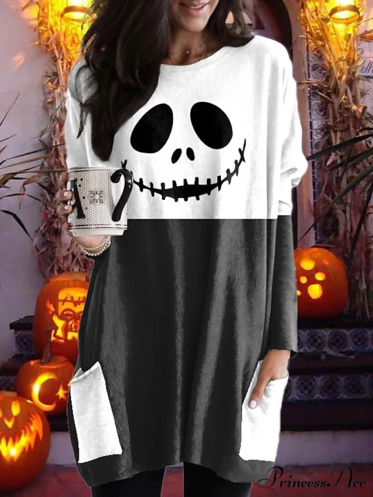 Abstract Women's Design Black Painting Shirts Round Neck Block White Halloween Long Tunic Plaid Weekend and for and Arm Color Wine in Pocket with Design - Image 2