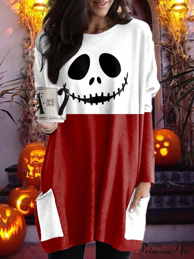 Abstract Women's Design Black Painting Shirts Round Neck Block White Halloween Long Tunic Plaid Weekend and for and Arm Color Wine in Pocket with Design - Image 4