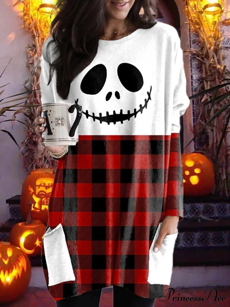 Abstract Women's Design Black Painting Shirts Round Neck Block White Halloween Long Tunic Plaid Weekend and for and Arm Color Wine in Pocket with Design - Image 5