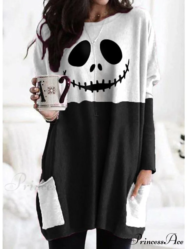 Abstract Women's Design Black Painting Shirts Round Neck Block White Halloween Long Tunic Plaid Weekend and for and Arm Color Wine in Pocket with Design - Image 7