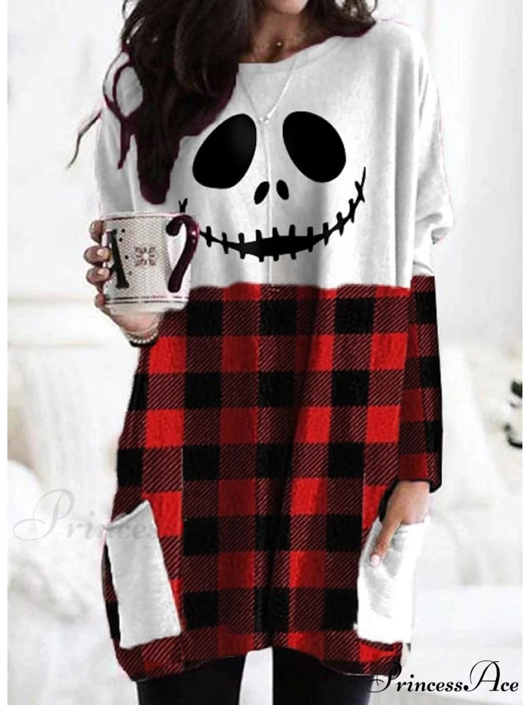 Abstract Women's Design Black Painting Shirts Round Neck Block White Halloween Long Tunic Plaid Weekend and for and Arm Color Wine in Pocket with Design - Image 9
