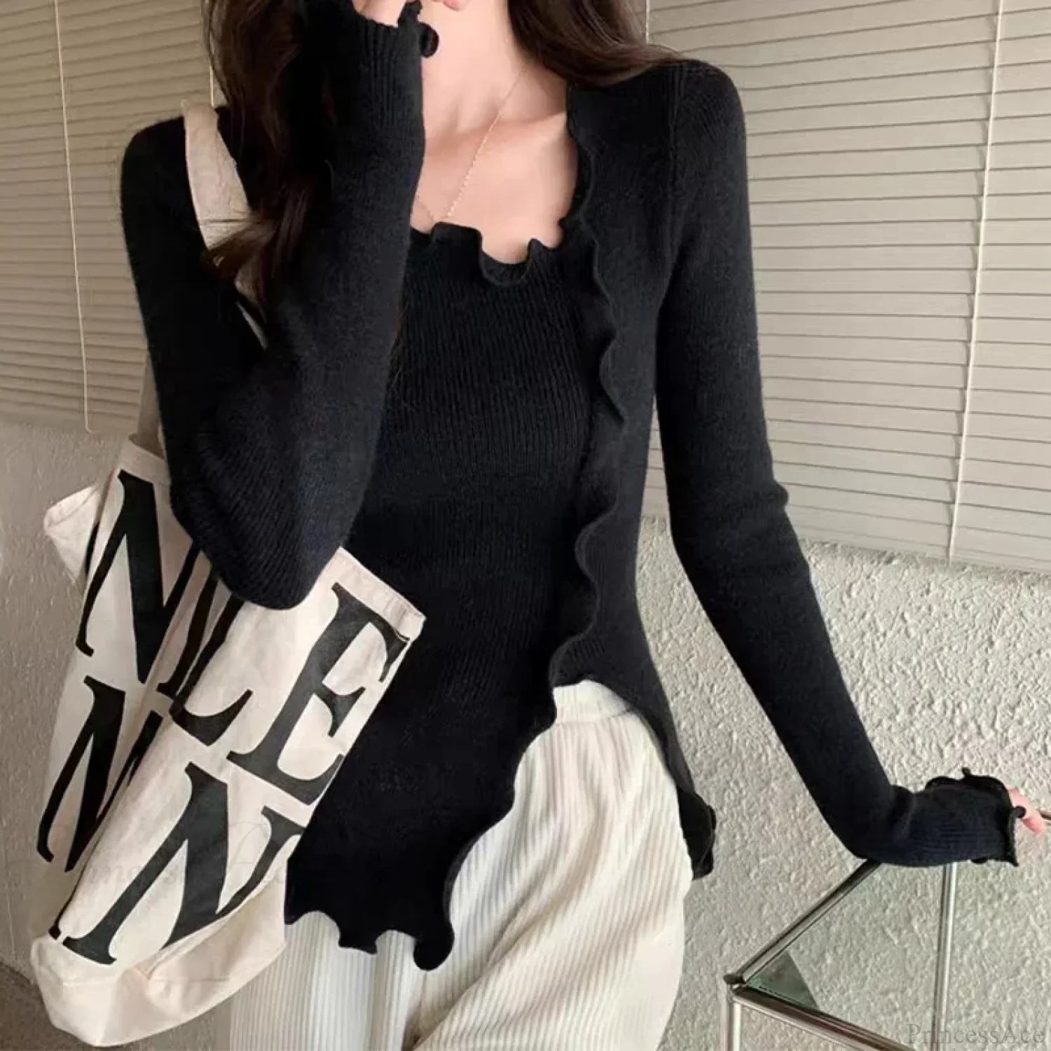 Aesthetic Irregular Ruffles Knit Crop Solid Long Sleeve Knit Top - Image 3