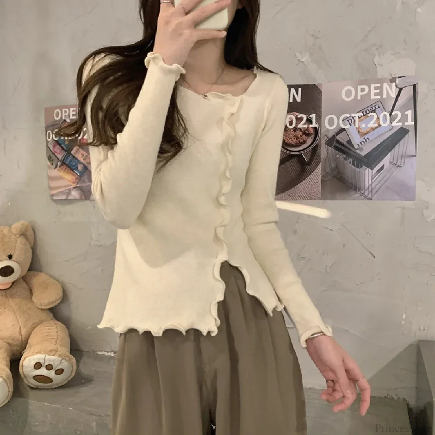 Aesthetic Irregular Ruffles Knit Crop Solid Long Sleeve Knit Top - Image 6