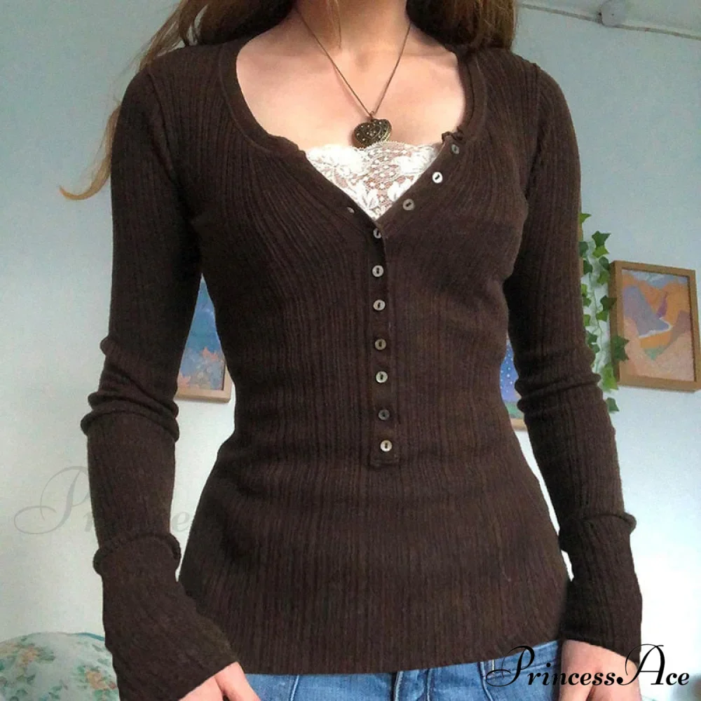 Aesthetic Up Ribbed Lace Arm Patchwork Retro Tops Y2k Skinny Casual Grunge Button Long Fairy Women T-shirt Blouse