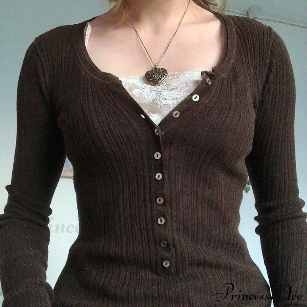 Aesthetic Up Ribbed Lace Arm Patchwork Retro Tops Y2k Skinny Casual Grunge Button Long Fairy Women T-shirt Blouse - Image 2