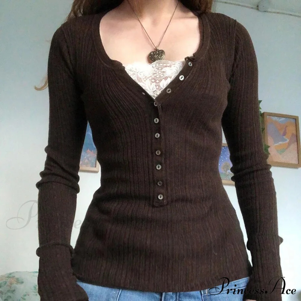 Aesthetic Up Ribbed Lace Arm Patchwork Retro Tops Y2k Skinny Casual Grunge Button Long Fairy Women T-shirt Blouse - Image 3