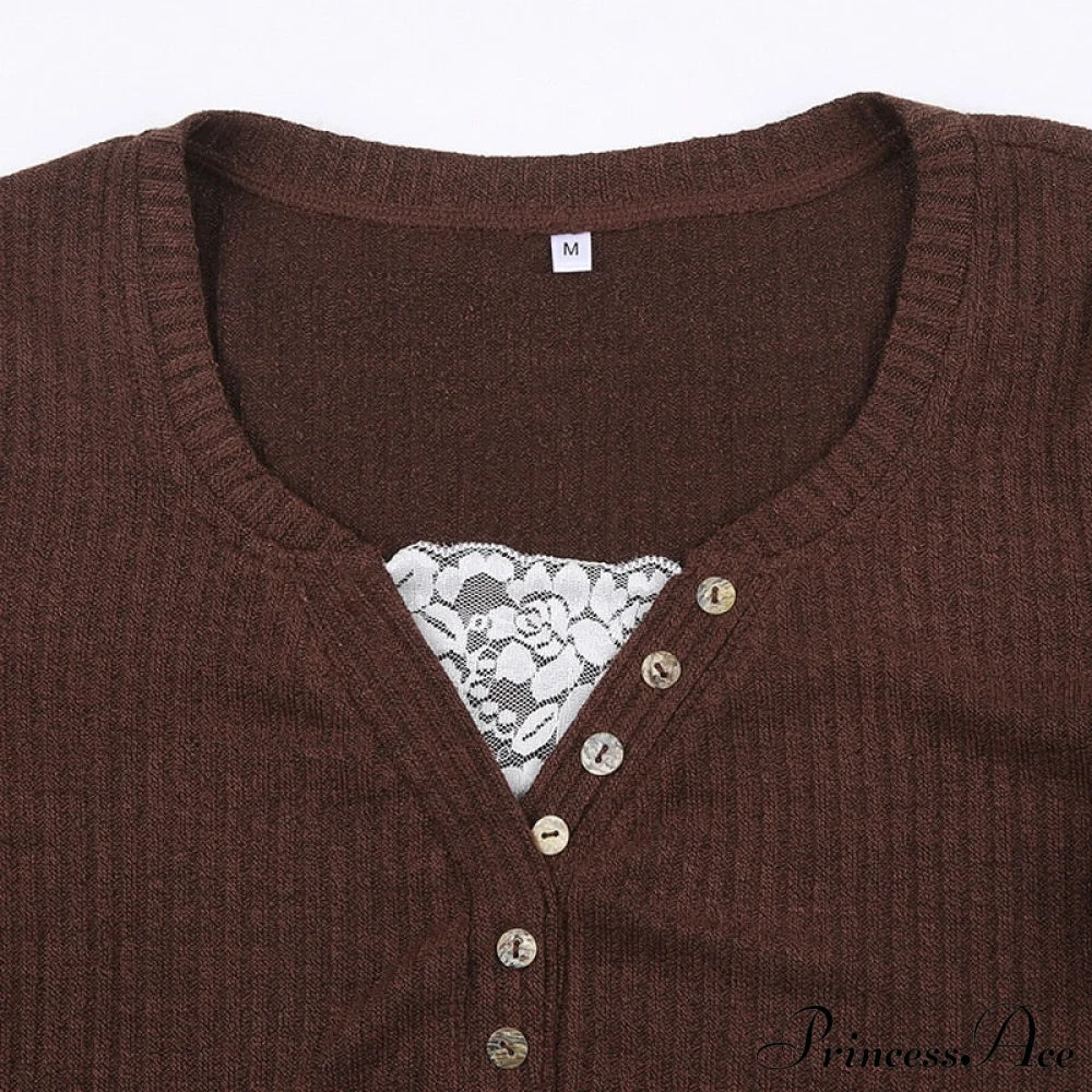 Aesthetic Up Ribbed Lace Arm Patchwork Retro Tops Y2k Skinny Casual Grunge Button Long Fairy Women T-shirt Blouse - Image 9