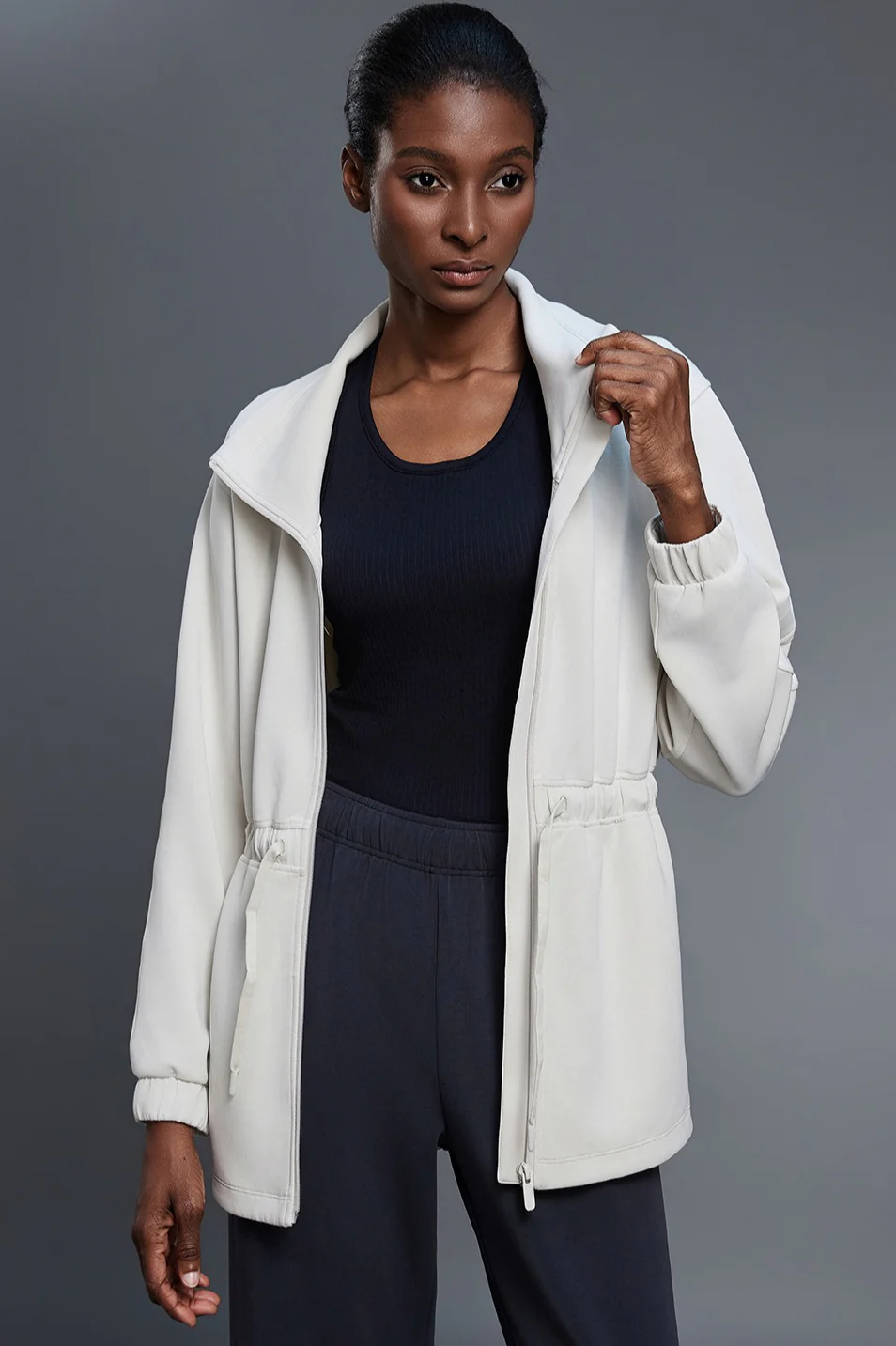 Air Layer Stand Collar Drawstring Waist Mid Length Jacket - Image 2