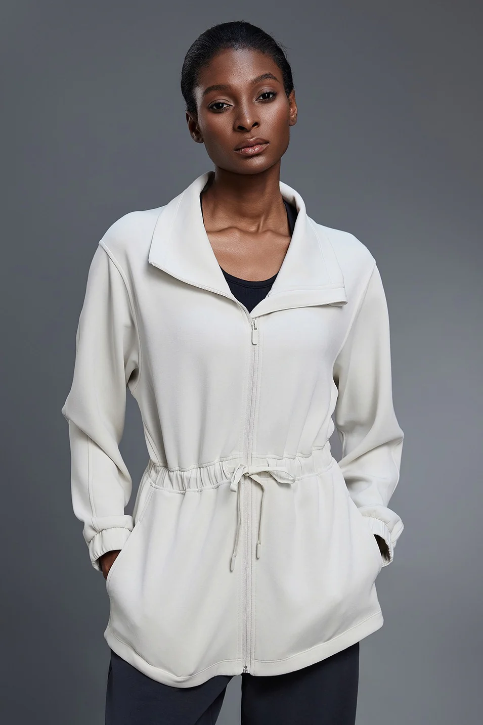 Air Layer Stand Collar Drawstring Waist Mid Length Jacket - Image 3