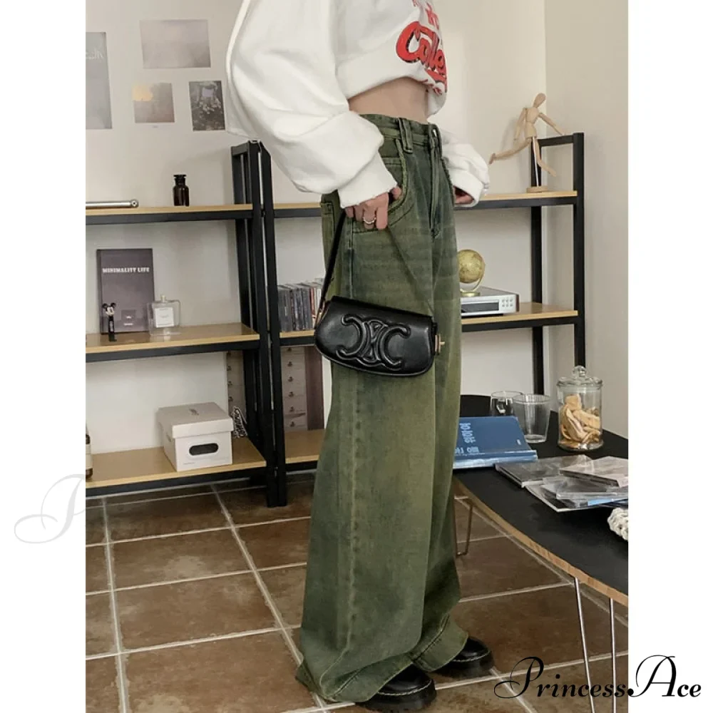 American Fashion Blue Jeans Waist Vintage High Streetwear Dark Leg Women - Denim Wide Trouser - Image 5