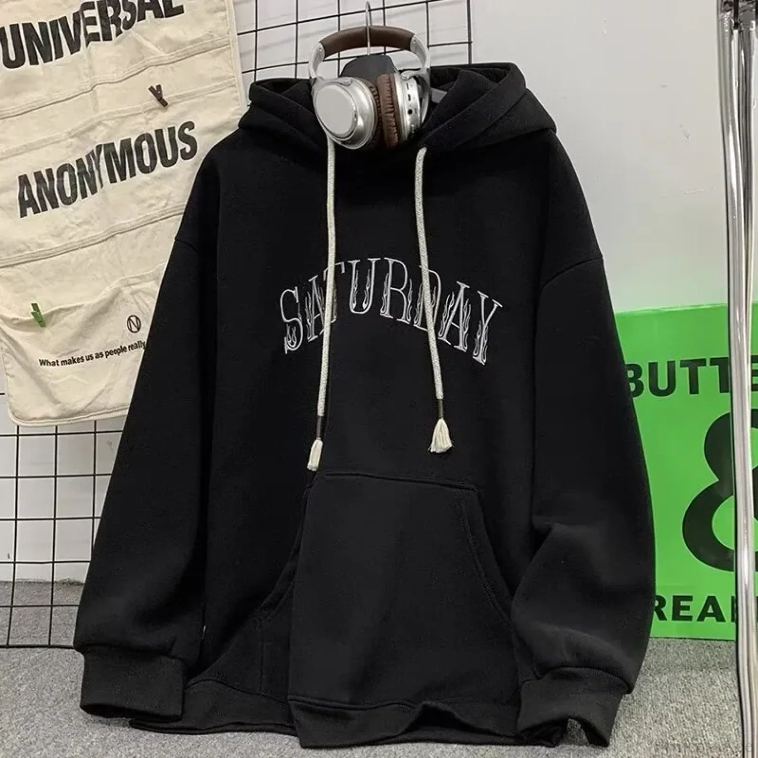 American Flame Print Fleece Y2K Hoodie - Image 5