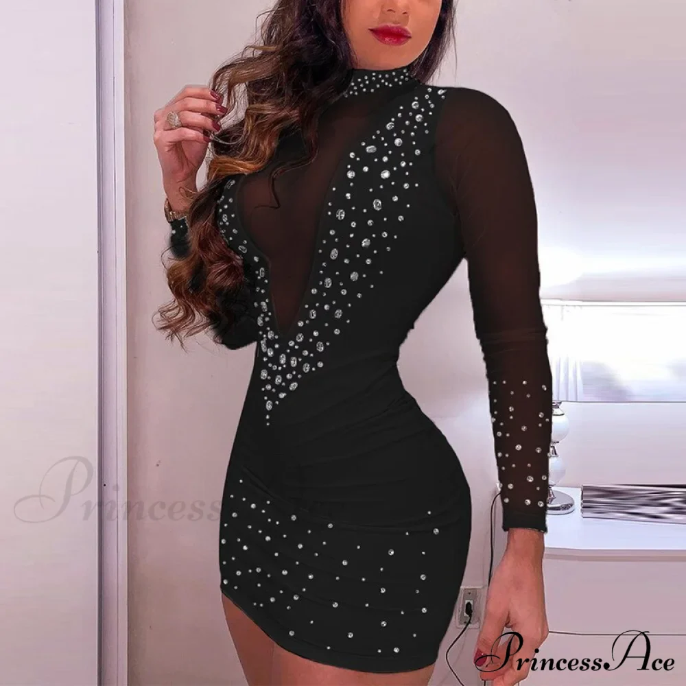 and Arm Detail - Gown Diamond with Lace Long Sheer Mesh Elegant Sequined Patchwork Party Mini Women's Bodycon Dress