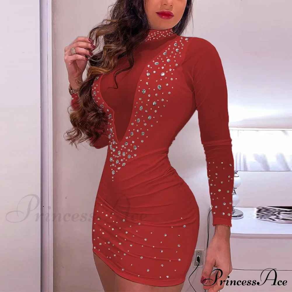 and Arm Detail - Gown Diamond with Lace Long Sheer Mesh Elegant Sequined Patchwork Party Mini Women's Bodycon Dress - Image 5