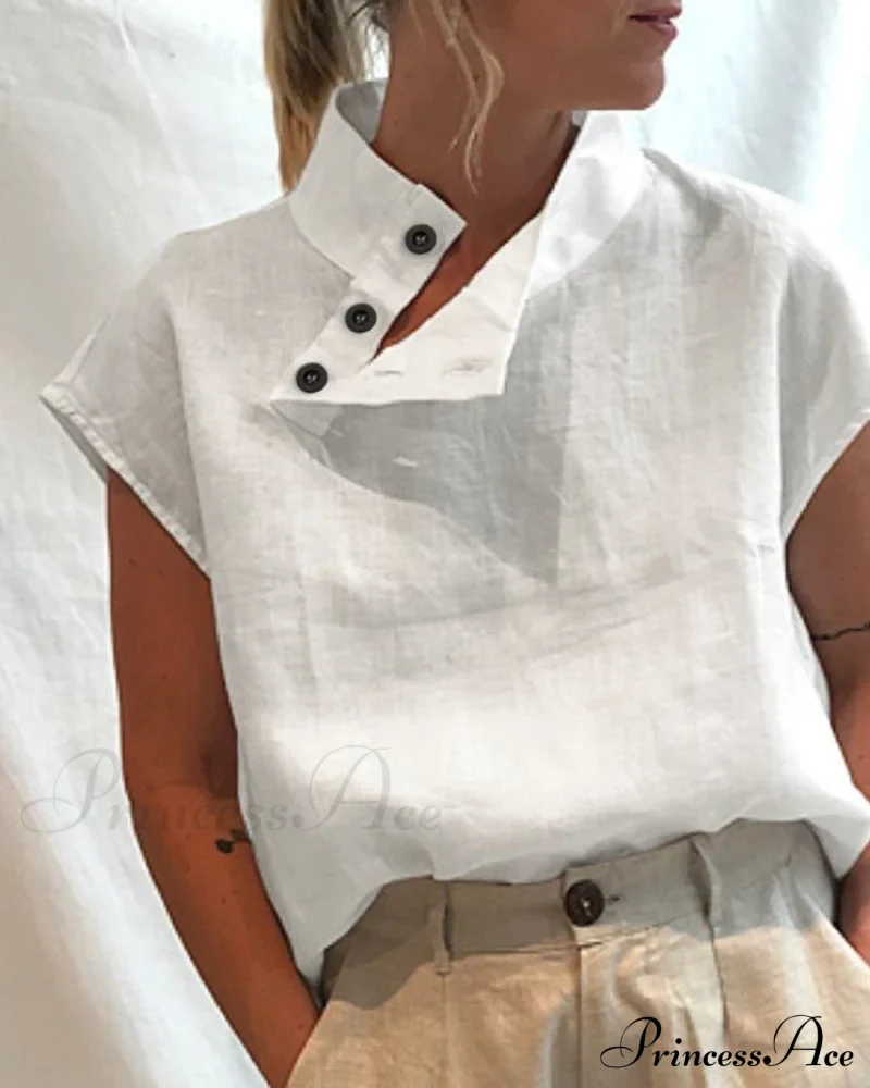 and Cotton Neckline Button Linen Stand Top
