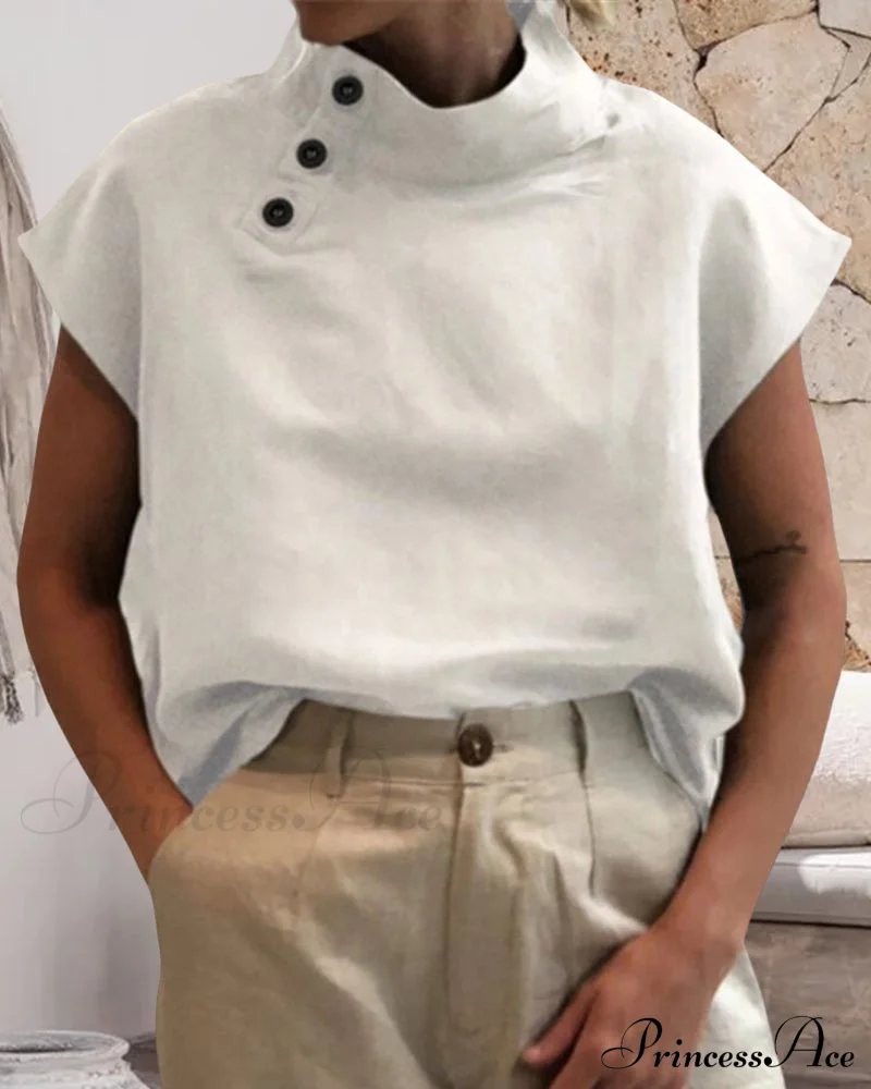 and Cotton Neckline Button Linen Stand Top - Image 3