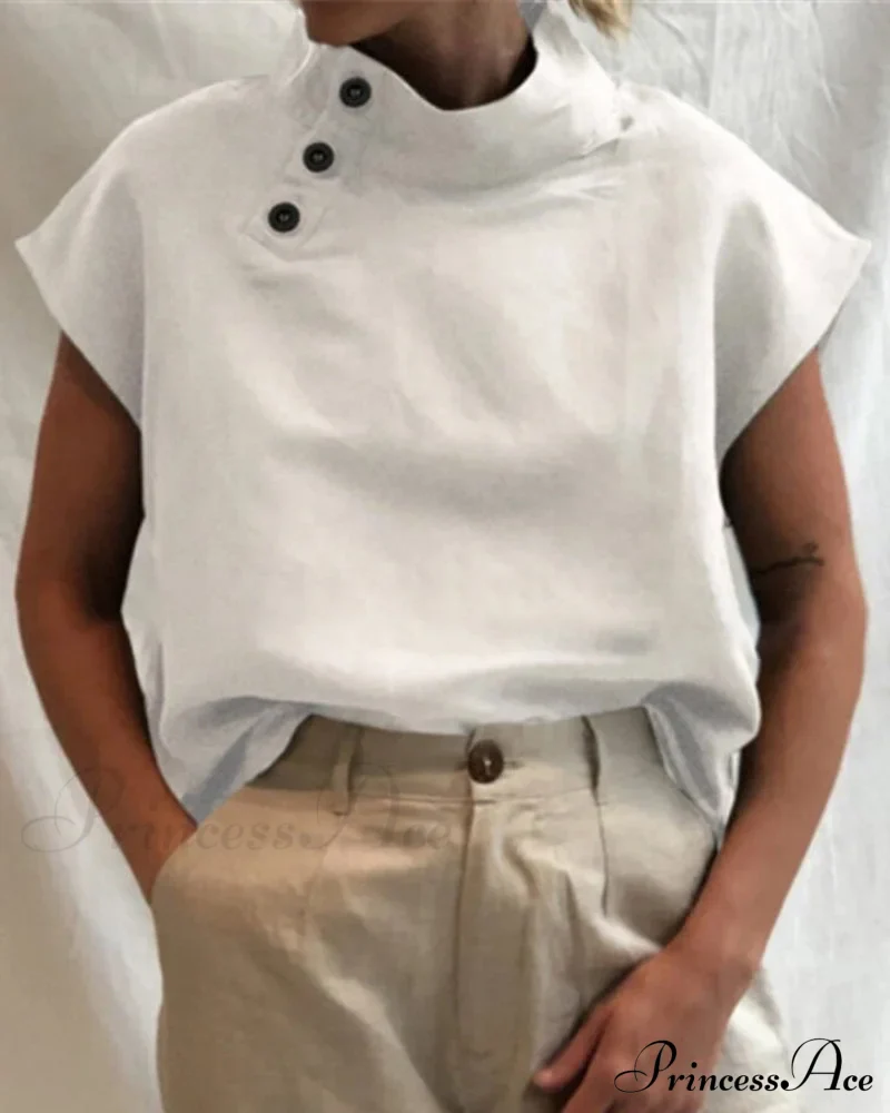 and Cotton Neckline Button Linen Stand Top - Image 4