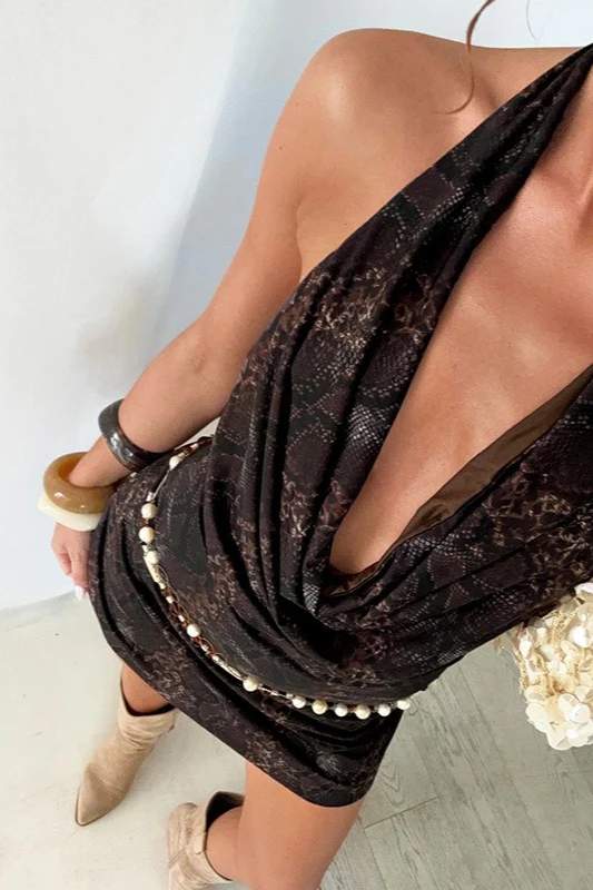 Animal Print Halter Cowl Neck Mini Dress - Image 2