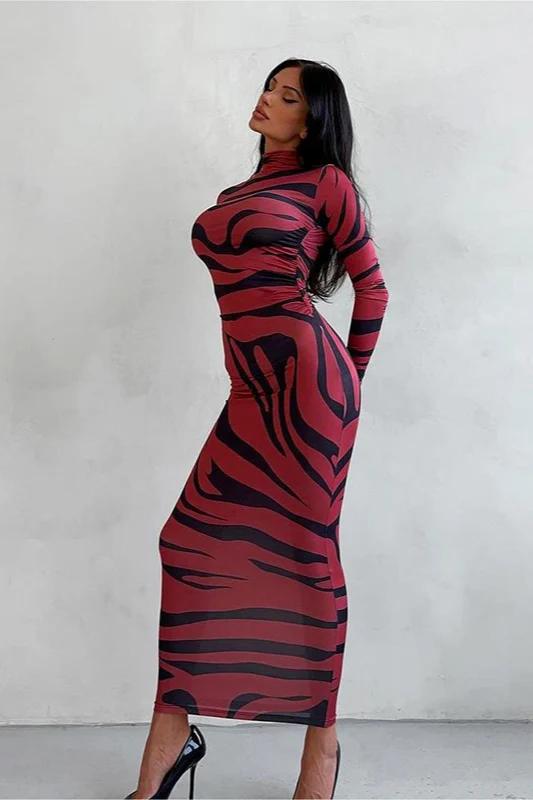 Animal Print Mock Neck Bodycon Maxi Dress - Image 2
