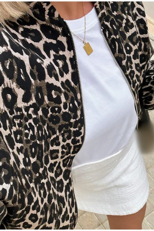Animal Print Notch Collar Zip-Up Coat - Image 3